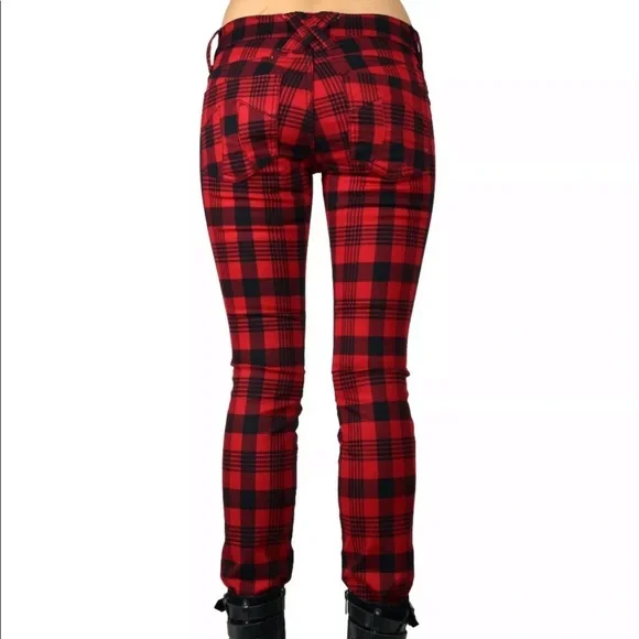 TRIPP NYC Plaid Red Black Check High Waist Checkered Pants Skinny Jeans 28/7